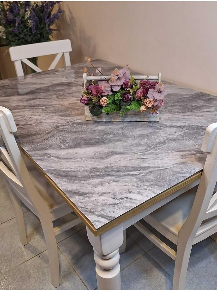 Başak Ev Tekstili(1505) Kalın PVC Masa Koruyucu – 1.2 mm Mika Örtü 80 cm En Mermer Desen Gri-70 x 130