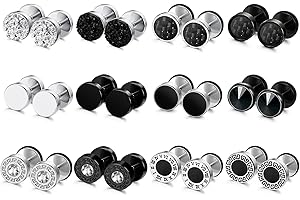 LOCCY 12 Paires Boucles d'oreilles Hommes, Acier Inoxydable Clous d'Oreilles Rond Noir Argent Boucles d'oreilles Faux Ecarteur Clous d'oreilles Piercing pour Hommes Femmes