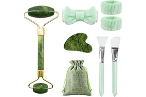 Yuaerbuo Guasha pour Visage, Rouleau de Massage, Appareil Massage Visage, Kit Massage Gua Sha Masseur Pierre Visage, Jade Roller Kits avec Sacs de Rangement/Outils (Vert Jade)