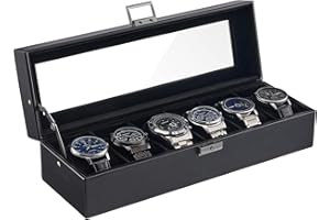 ProCase 6 Slot Watch Case Box for Men, PU leather Man Watch Organizer with Soft Pillow, Lockable Watch Collection Storage Holder with Glass Display Lid -AllBlack