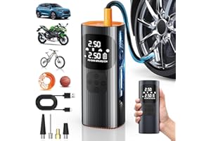 NHOWIN Elektrische Luftpumpe, 150 PSI Mini Tragbar Akku Kompressor 6000mAh Fahrradpumpe mit 4 Adapter für Auto Motorrad Fahrrad Bälle, Akku Luftpumpe Fahrrad Dient Als LED Taschenlampe, Powerbank