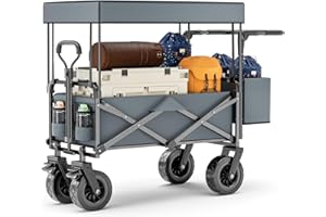 Tawxot 100L Bollerwagen faltbar mit Dach, Gartenwagen klappbar bis 100kg Tragkraft, 600D Oxford-Gewebe, Verstellbarer Griff, Handwagen für Alle Gelände, Draussen Camping Einkaufen (grau)