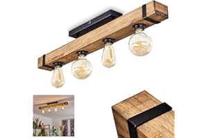HOFSTEIN Ceiling Light Montgomery, Modern Ceiling lamp Made of Metal/Wood in Black/Nature, Light with Wooden Rod in Vintage Design, 4-Flame, 4 x E27, Without Bulbs