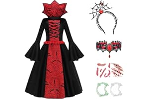 TRACYCY Mädchen Vampir Kostüm, Mittelalterlich Vintage Vampir Königin Dämon Hexe Langarm Stehkragen Kleid mit Stirnband Halskette Gebiss Aufkleber für Halloween Karneval Party Verkleidung, 5-14 Jahre