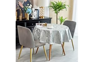 Flower Design Tablecloth, BOJVESH PVC Wipe Clean Waterproof Table Cover, Wipeable Oil-proof Spill-proof Dust-Proof Dining Table Tops for Home Kitchen Patio Party Cafe Outdoor (140 cm Round, Silver)