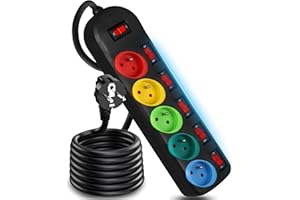 Retoo Steckdosenleiste 5-Fach mit Einzelschaltung 2m Verlängerungskabel, Tischsteckdose, Mehrfachsteckdose, Stromleiste mit Schalter, farbigen Fassungen, 2500W