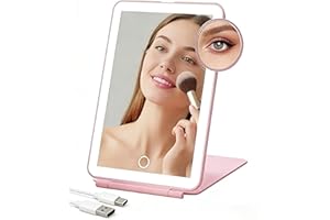 RANTIZON Ultra Clear Rechargeable Travel Mirror with 10x Magnification & 49 LEDs, Portable Vanity Mirror with 3 Color Lights and 300° Rotation 7.5-Inch Large Vanity Mirror, Gift for Women & Girls (Pink)