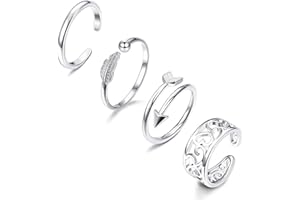 CASSIECA 4 Pcs Anillo del Dedo del Pie en Plata de Ley 925 para Mujer Niñas Ajustable Anillo Abierto Anillo Midi Anillo Celta Anillo Pluma Anillo en Plata Pie Joyería Aniversario Regalos para Mujer