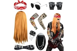 WELLCHY 11Piezas Accesorios Disfraz Rockero Hombre, con Peluca Guantes Gafas Pañuelos Pulsera Mangas Cinturilla Cadena, Disfraz Rockero de Metal Pesado, Accesorios Cosplay Carnaval Año 70 80 90 Fiesta