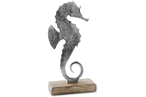 Logbuch-Verlag Caballito de mar decoración de Metal Plateado con Base de Madera Natural 23 cm - Figura decoración Marina Caballo de mar - decoración Verano
