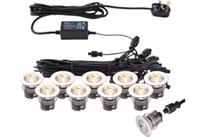 NATIONAL LIGHTING IKON PRO Pack of 10 Colour Changing (CCT) Warm & Cool White LED 35mm Round Stainless Steel Outdoor Garden Decking Pathway Kitchen Plinth Lights Kit - IP67