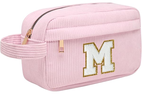 Trousse Maquillage Femme, Pochette Maquillage avec Initiale, Sac de Maquillage de Voyage Velours Côtelé Trousse de Toilette Cosmétique Cadeau d'anniversaire Noël Idéal pour Maman Fille Amie Epouse M