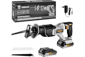 Sega a gattuccio batteria: DEKOPRO 20V seghetto alternativo con batteria 2.0Ah e 2 lamine, 0-3200SPM, pinza rapida, LED, cambio lama senza strumenti, gattuccio elettrico per taglio di legno e metallo