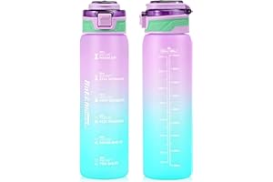 SEASEVEN Sports Water Bottle 1L,Plastic Drinks Bottle,1 Litre Water Bottles with Time Markings,Girls Boys Waterbottle Leak-Proof & Bpa-Free for Gym,School, Office, Outdoor(Purple-Cyan)