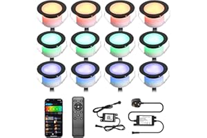 GEYUEYA Home WiFi Led Decking Lights RGBW Waterproof IP67 Multicolor Ø45MM 12V WiFi Function LED Deck Lights with Remote Control for Terrace/Patio/Path/Garden-12 Packs