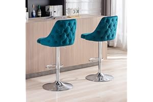 WAHSON OFFICE CHAIRS Washon Velvet Bar Stools Set of 2 Breakfast Counter Chairs with Backrest, Adjustable Swivel Bar Chairs High Stools for Kitchen Islands/Home Bar, Blue