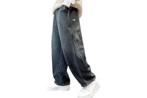FEOYA Boys Baggy Denim Pants Straight Wide Leg Jeans Elastic Waist Washed Jean Pant 4-14 Years