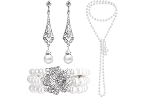 TELOOCO Zestaw biżuterii z pereł w stylu lat 20-tych XX w., dla kobiet, 3 elementy ze sztucznych pereł, wielowarstwowy naszyjnik, bransoletka i kolczyki, vintage, flapper, do kostiumu, na prezent przy