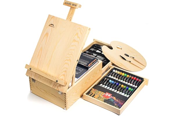 WEEKSUN Chevalet de Table en Bois avec 55 Pièces Achevée Kit Peinture, Incluez 24 Peintures Acryliques, 10 Pinceaux, 12 Crayons de Couleur et Autres Fournitures D'art pour Artistes Amateurs Débutants