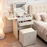 Nivadeui 3 in 1 Dressing Table with Lighting, Small Dressing Table with Folding Mirror, 3 Drawers, Padded Stool with Storage
