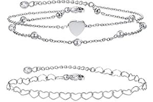 BOTHFOX 2PCS Silver Anklets for Women Adjustable Stainless Steel Beaded Layered Anklets and Heart Chain Ankle Bracelets Hypoallergenic Barefoot Summer Beach Foot Jewelry Chains Women's Anklets Gifts