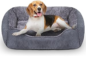 Oveppy Dog Bed Medium, Super Soft Rectangle Dog Beds, Washable Warming Pet Bed with Anti-Slip Bottom, Anti-Anxiety, Machine Washable, Grey, 25 x 21 x 8inch