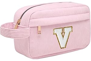 TOOZEN Neceser Maquillaje Mujer Personalizado Inicial, Bolsa de Cosméticos de Viaje, Gran Capacidad Neceser de Maquillaje de Pana, Regalo Cumpleaños Navidad para Mujeres Novias Mejores Amigas, Rosa V