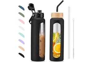 BLUEGO 900ML Bouteille d'eau en Verre et 2 Couvercles Gourde Reutilisable Tasse à Café avec Marqueur de Temps et Protecteur en Silicone Sans BPA pour Enfant et Adultes, Noir