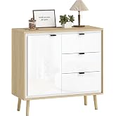 HOMCOM 1 Door Sideboard with 3 Drawers 80 x 35 x 77 cm Gloss White and Oak | Modern Living Room Sideboard, Adjustable Shelf,