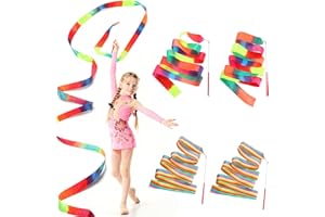 AYHYHLJZJ 4 Baile Cintas de 2m con Varillas para Niños – Colores Vibrantes Arcoíris y Llamas, Cintas Luminosas para Concursos de Talento, Clases de Baile y Danza Artística.