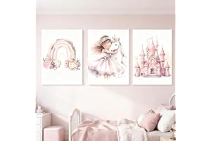Zamety 3 bilder barnrum flicka rosa prinsessa 21 x 30 cm utan ram | Affisch barnrum, enhörning slott och regnbåge bilder babyrum, utan ram