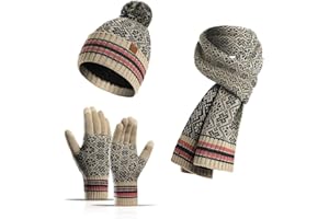 YULOONG Winter Beanie Hat Scarf Touchscreen Gloves 3 in 1 Set for Women Rib Knit