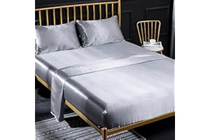 Jemiipee 4 Pezzi Completo Lenzuolo Letto Matrimoniale, 1 x Lenzuola Sotto con Angoli Tinta Unita 180x200 cm con 1 x Lenzuolo Piatto e 2 x Federe, Biancheria da Letto in Raso, Argento