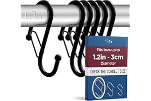 Blau Marité 6 Pack S Hooks for Hanging for Bars up to 1.2 Inch (3 cm) Diameter - Anti-Drop Hooks with Safety Lock – Heavy-Duty for Wardrobes & Storage – Black (Large)