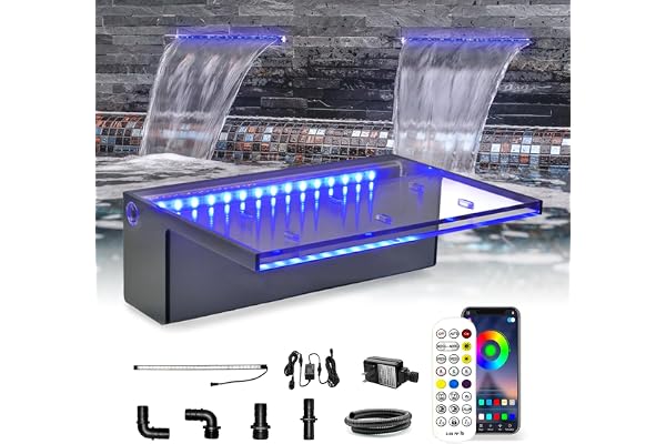 LONGRUN App Bluetooth contrôle Acryl Pool Fountain, 30cm Pond Waterfall Cascade, Waterfall Blade with 7 Colors LED Light, Complete Waterfall & Stream Kits for Outdoor Water Features