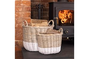CHARLES BENTLEY Wicker Basket, Snug, Set Of Two Two Toned Wicker Log Baskets, Log Storage, Handmade Nesting Handles, Log Basket, Fireplace, Fireside, Blanket Storage, Stackable, Oval (42x33x31cm)
