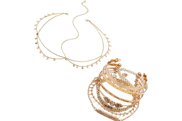 XoeLLe Damsmycken Parure 8 delar guldkedja pannband + 7 st justerbara armband, fantasidiadem boho chic tillbehör cosplay
