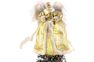 LONGZHUO Cime de abeto, estrella de la parte superior del árbol del ángel de Navidad, 32×17cm de oro de la señora Ángel de Navidad, con pluma de simulación y caja de batería, para decoraciones de árbol de