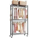 VEVOR Adjustable Coat Rack with Wheels Carbon Steel with 2 Clothes Rails, Load 204 kg, 3 Shelves and 8 Hooks, for Bedroom, Cl