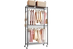 VEVOR Rolling Clothes Rack, Heavy Duty Clothing Garment Rack, 3 Adjustable Tiers Clothing Racks with Carbon Steel, 204 kg Load Capacity Closet Wardrobe for Bedroom, Clothing Store, Hallway