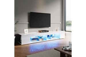ZANOFIRA TV Stand Cabinet Unit with 16 RGB LED Lights, High Gloss White TV Stand with Glass Shelves & 2 Storage Compartments, 1800 x 390 x 300mm