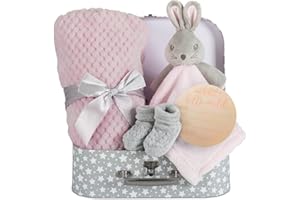 HOOLAROO Newborn Baby Girl Gifts Set New Baby Hampers Present for Baby Girl Unique Suitcase Memory Box Cute Soft Milestone Pink Bunny Comforter Blanket