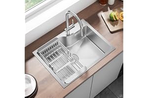 ANYCEE Evier Inox 1 Bac 60 x 45 cm, Evier Cuisine 1 Bac pour Meuble Bas de 60 cm et Plus, Évier Inox avec Trou pour Robinet, Panier d'Égouttage, Siphon et Trop-Plein