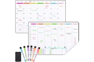 POPRUN Whiteboard Calendar Family Weekly & Monthly Planner for Fridge, Wall and Glass, Self Adhesive Dry Erase Board Stick on Any Smooth Surface, A3 Reusable Fridge Calendar Monday to Sunday-2 Pack