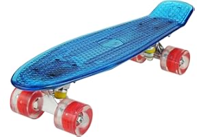 WESKATE Allure Patineta de Crucero - Tabla Completa Retro Mini Crystal Completa [22 Pulgadas, 55 cm] Tabla de Skate Vintage con Ruedas de luz LED iluminadas [Cubierta en Azul con LED/Rodillos en Rojo]