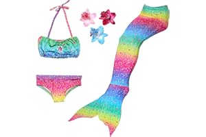 DAXIANG 3 Pièces Maillot de Bain Fille Queue de Sirène Princesse Séchage Rapide Bikini Piscine Enfant,Arc en Ciel，10-12 Ans