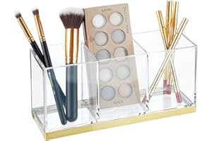mDesign Pude?ko na kosmetyki z 3 przegródkami – Praktyczny organizer na kosmetyki – Plastikowe pude?ko na p?dzle do makija?u – Przezroczysty/jasny mosi?dz
