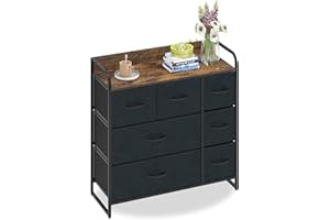 ‎WEEU Kommode mit 7 Schubladen Wildleder Stoffschrank Sideboard Vintage Highboard Metall Mehrzweckschrank Schränke Organizer TV Schrank Klein, Küche Schlafzimmer Büro Wohnzimmer Schwarz + Grau Holz + Stahl
