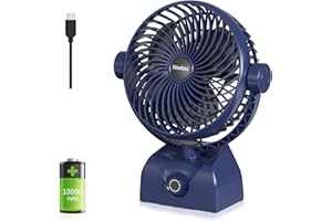 Wastou Ventilatore da Tavolo, Ventilatore da Scrivania Ricaricabile tramite USB, Ventilatore a Torre Portatile con Batteria da 10000mAh, Velocità Regolabile, Testa Girevole per Casa e Ufficio (Blue)