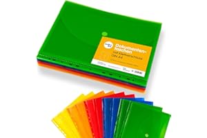 perfect line 10 tasche porta documenti DIN-A4, livello di riempimento 20 mm, buste chiare, trasparenti & colorato, busta con lembo di chiusura, chiusura in strappo & bordo per l’archiviazione